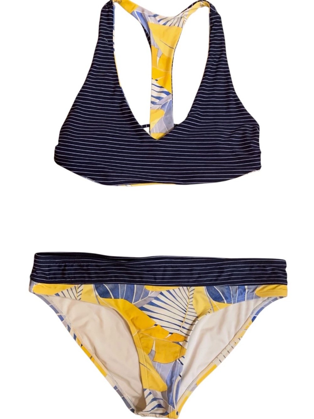 Carve Designs Reversible Yellow & Navy Tropical Leaf Stripes Bikini Set Large - Picture 3 of 7